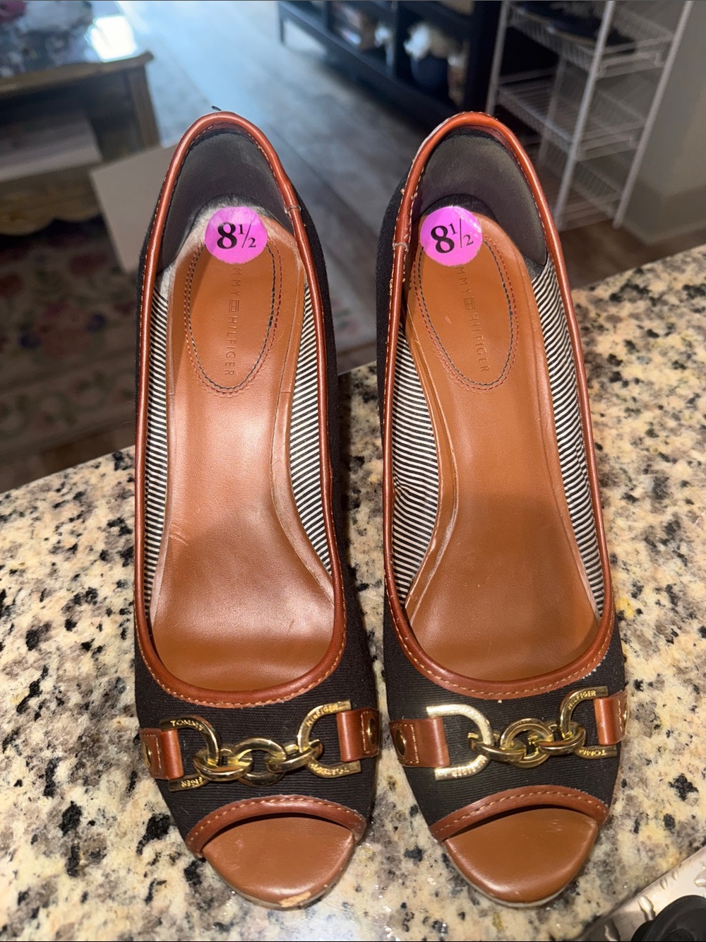 Tommy Hilfiger Brown & Tan Peep Toe Chain-Accent Pumps